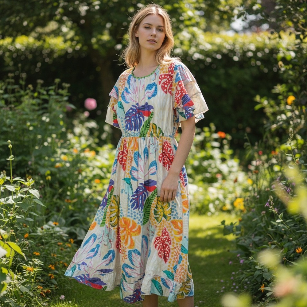 Maude Vivante Maxi Dress Womens Large Multicolor Cotton Flutter Sleeve Tropical